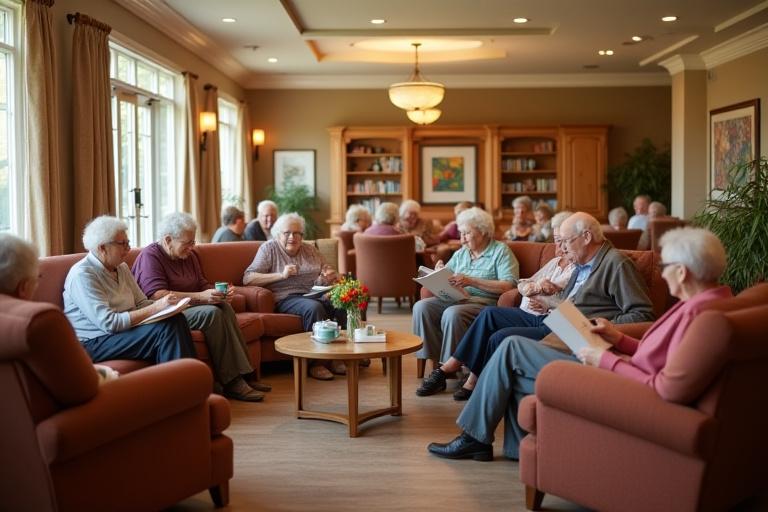 Spacious communal lounge area with residents socializing.